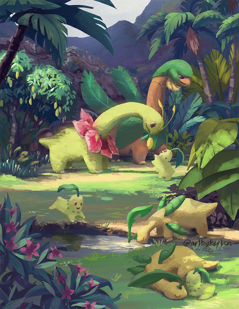 banana, bayleef, chikorita, closed_eyes, closed_mouth, commentary, day, drinking, english_commentary, evolutionary_line, eye_contact, food, fruit, gen_2_pokemon, gen_3_pokemon, grass, karlen_tam, looking_at_another, lying, meganium, mouth_hold, no_humans, on_stomach, open_mouth, outdoors, pokemon, pokemon_(creature), pond, red_eyes, sleeping, smile, standing, starter_pokemon, tree, tropius, water