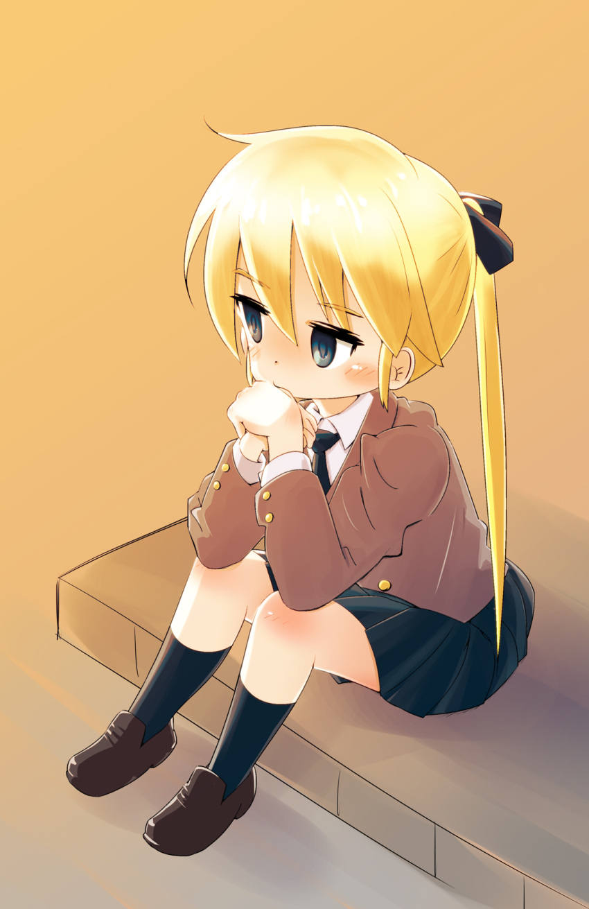 1girl, blonde_hair, blush, grey_eyes, head_rest, highres, kill_me_baby, miniskirt