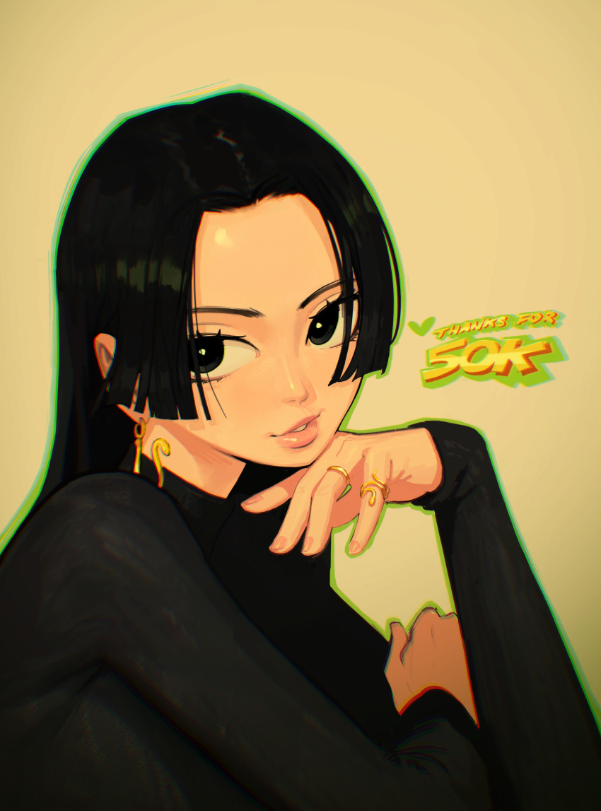 1girl, absurdres, bangs, black_eyes, black_hair, black_sweater, boa_hancock, earrings