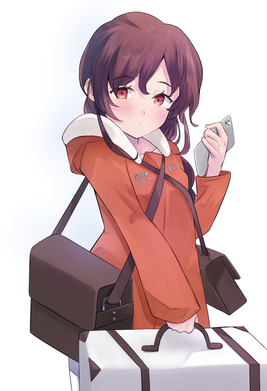 1girl, bag, braid, brown_hair, cowboy_shot, highres, hood, hooded_jacket