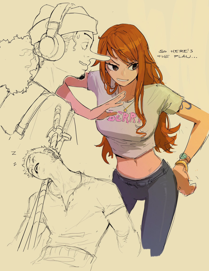 1girl, 2boys, beard, breasts, brown_eyes, commentary, cropped_legs, edpan