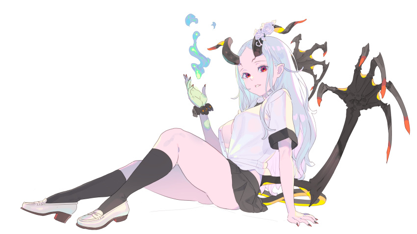 1girl, arm_support, bangs, black_legwear, black_skirt, breasts, curled_horns, demon_horns