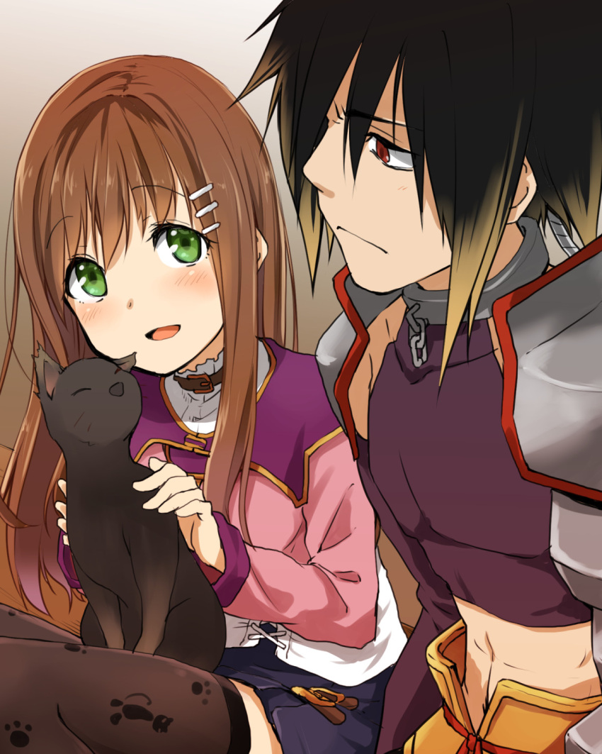 1girl, albel_nox, armor, black_cat, black_hair, black_legwear, blonde_hair, brown_hair