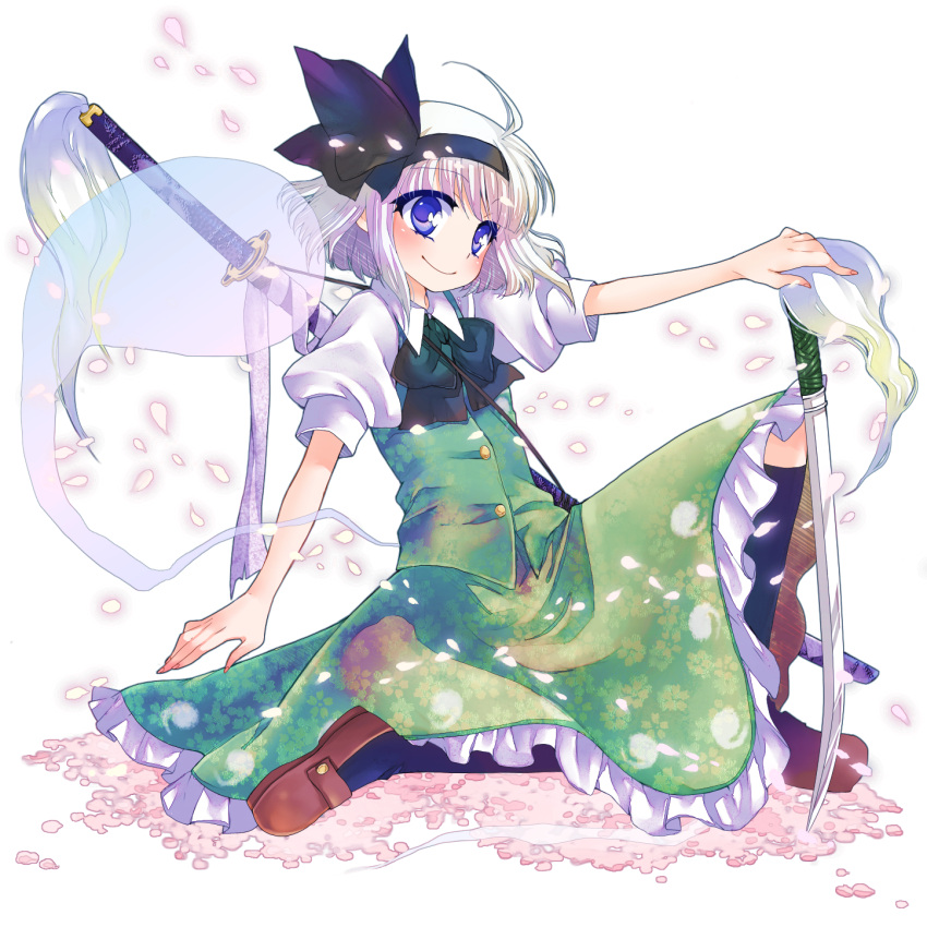 blue_eyes, ghost, hair_ribbon, hairband, hands_on_hilt, highres, katana, konpaku_youmu