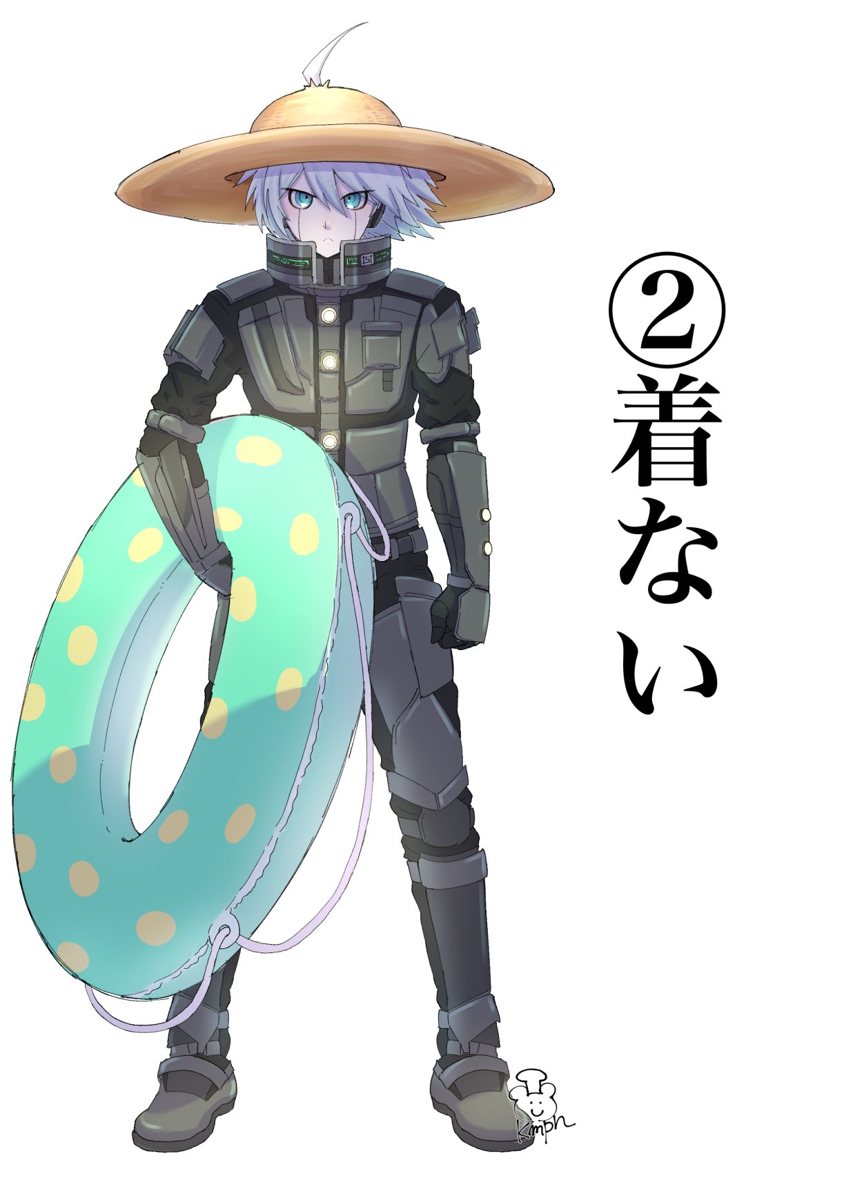1boy, ahoge, android, artist_logo, bangs, black_gloves, boots, clenched_hand