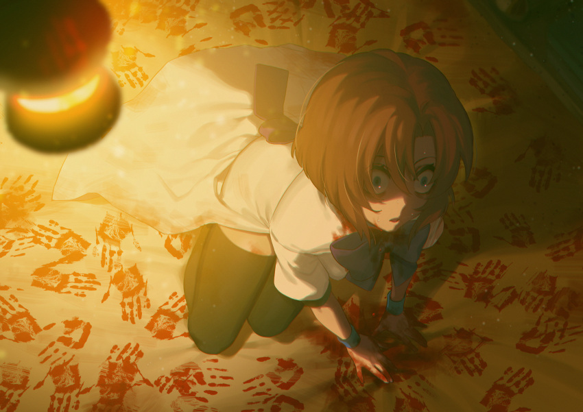 1girl, absurdres, bangs, black_legwear, bloody_handprints, blue_bow, blue_eyes, blue_neckwear