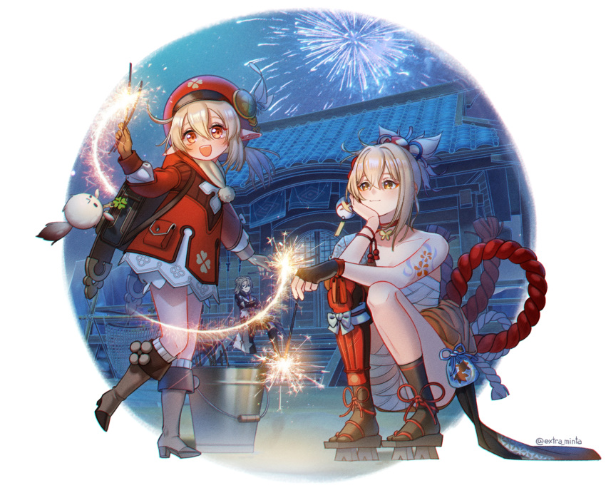 1boy, 2girls, :d, ahoge, albedo_(genshin_impact), architecture, arm_support, backpack, bag, bag_charm, bandaged_leg, bandages, bangs, black_gloves, black_legwear, bloomers, blue_eyes, boots, brown_footwear, brown_gloves, brown_hair, brown_scarf, bucket, building, cabbie_hat, charm_(object), choker, clover_print, coat, collarbone, commentary_request, dodoco_(genshin_impact), east_asian_architecture, extra_minta, eyebrows_visible_through_hair, fingerless_gloves, firecrackers, fireworks, full_body, genshin_impact, geta, gloves, hair_between_eyes, hair_ornament, hat, hat_feather, hat_ornament, head_rest, head_tilt, highres, holding, hooded_coat, japanese_clothes, klee_(genshin_impact), knee_boots, kneehighs, light_brown_hair, long_hair, long_sleeves, looking_at_another, looking_at_viewer, low_twintails, multiple_girls, night, night_sky, open_mouth, orange_eyes, pocket, pointy_ears, ponytail, randoseru, red_coat, red_headwear, rope, sandals, sarashi, scarf, shimenawa, sidelocks, sky, smile, squatting, tattoo, twintails, underwear, wind_chime, yoimiya_(genshin_impact)