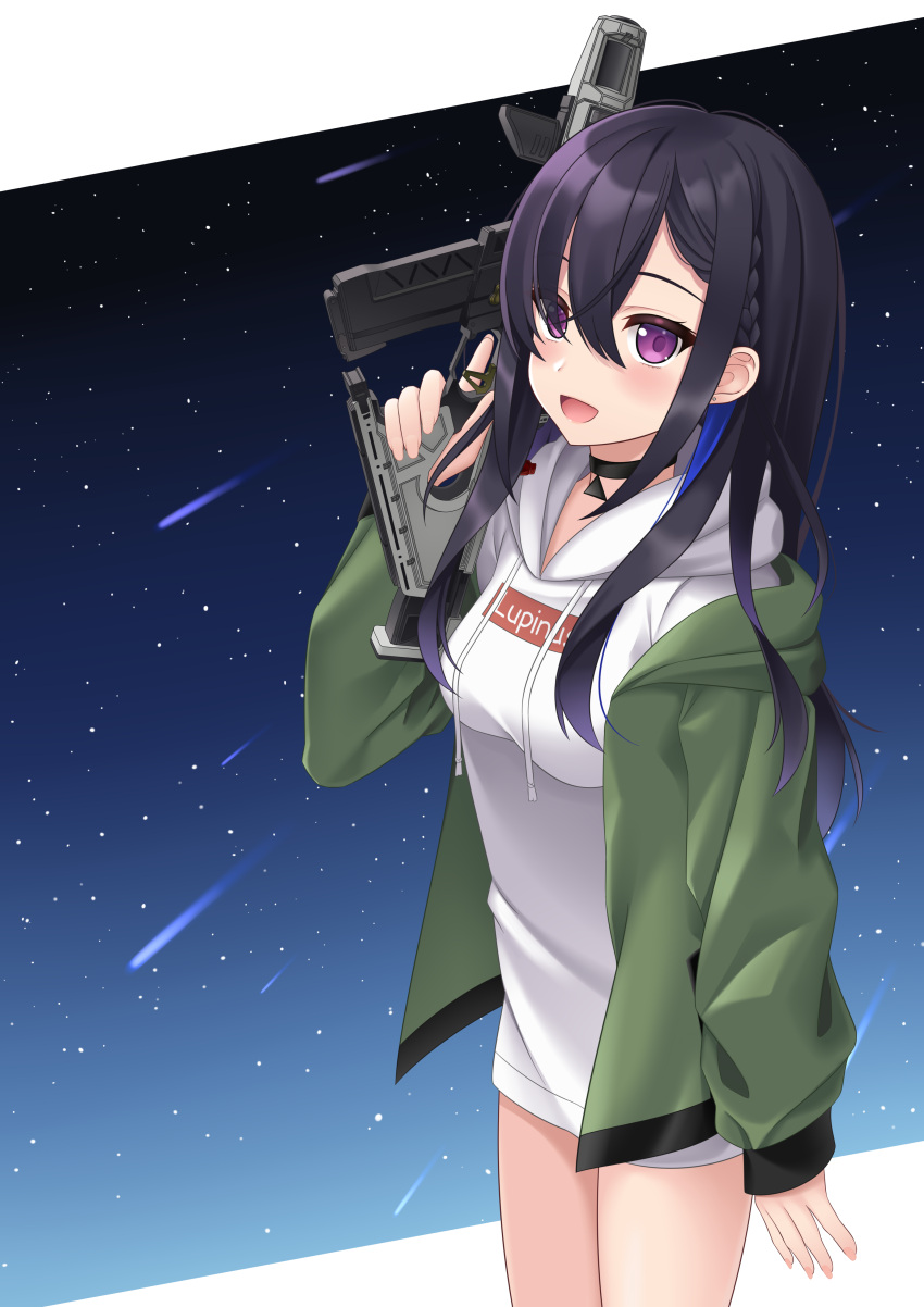 1girl, absurdres, black_hair, brysinggamen, gun, highres, ichinose_uruha, jacket