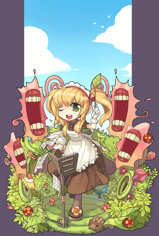 1girl, apron, bangs, blonde_hair, blue_sky, brown_dress, brown_legwear, bug