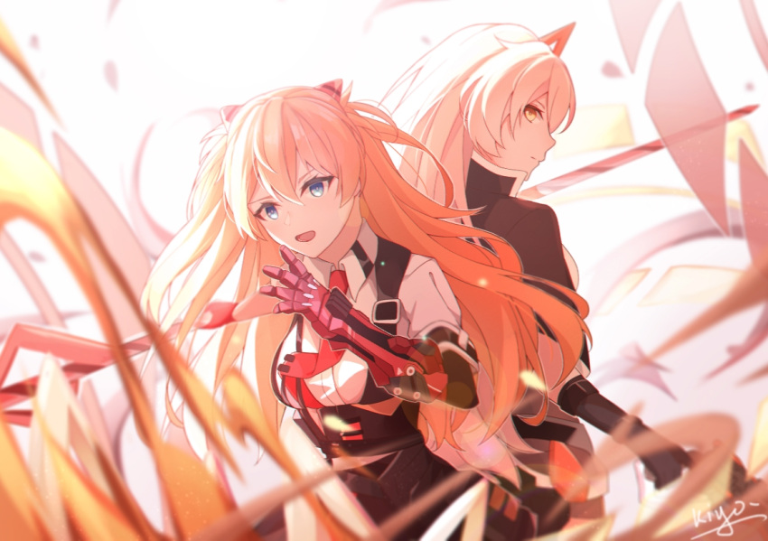 2girls, back, bangs, black_gloves, black_jacket, blue_eyes, closed_mouth, crossover, gloves, gun, hair_between_eyes, hair_ornament, handgun, holding, holding_gun, holding_spear, holding_weapon, honkai_(series), honkai_impact_3rd, jacket, kiana_kaslana, kiana_kaslana_(void_drifter), long_hair, looking_at_viewer, mechanical_arms, multiple_girls, necktie, neon_genesis_evangelion, open_mouth, orange_hair, polearm, qingxiao_kiyokiyo, short_sleeves, single_glove, single_mechanical_arm, souryuu_asuka_langley, spear, twintails, weapon, white_hair, yellow_eyes