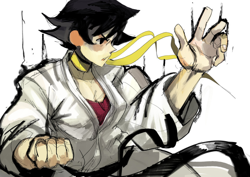 1girl, absurdres, breasts, choker, clenched_hand, dougi, english_commentary, fighting_stance