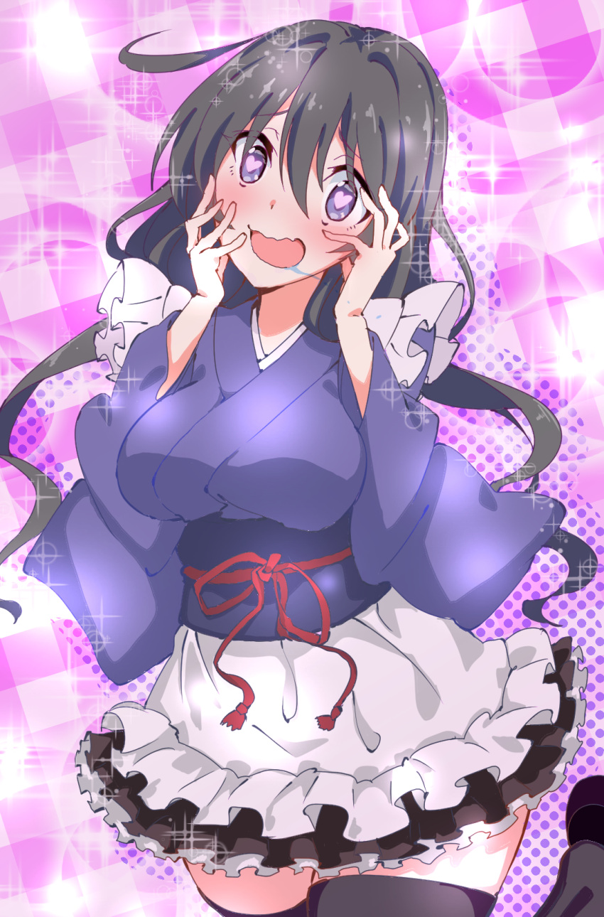 1girl, black_hair, black_legwear, blush, breasts, highres, japanese_clothes, kimono, kuuka_(princess_connect!), large_breasts, long_hair, open_mouth, princess_connect!, seryu_oekaki, simple_background