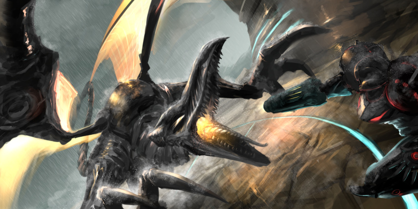 arm_cannon, battle, claws, clouds, cyborg, dennou_manjuu, dragon, fighting, glowing, glowing_eyes, highres, meta_ridley, metroid, metroid_prime, mountain, phazon_suit, rain, ridley, samus_aran, teeth, weapon, wings