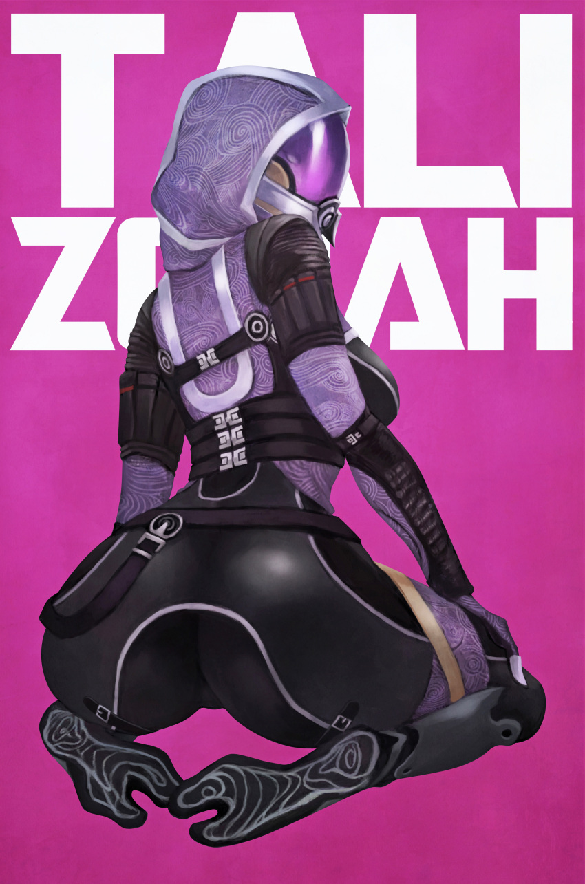 1girl, absurdres, alien, ass, back, bodysuit, character_name, fewer_digits