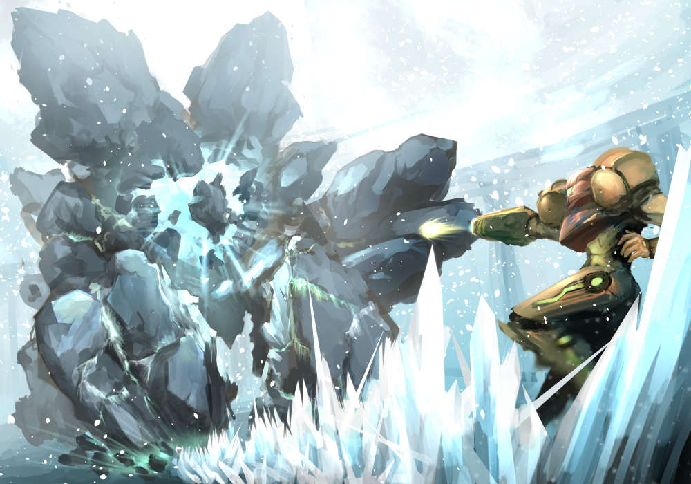 arm_cannon, attack, dennou_manjuu, energy_weapon, fighting, ice, metroid, metroid_prime