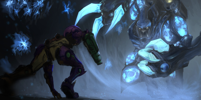 action, arm_cannon, armor, battle, claws, dennou_manjuu, fangs, fighting