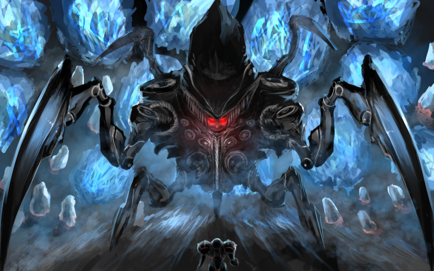 action, arm_cannon, battle, claws, dennou_manjuu, from_behind, glowing, glowing_eyes