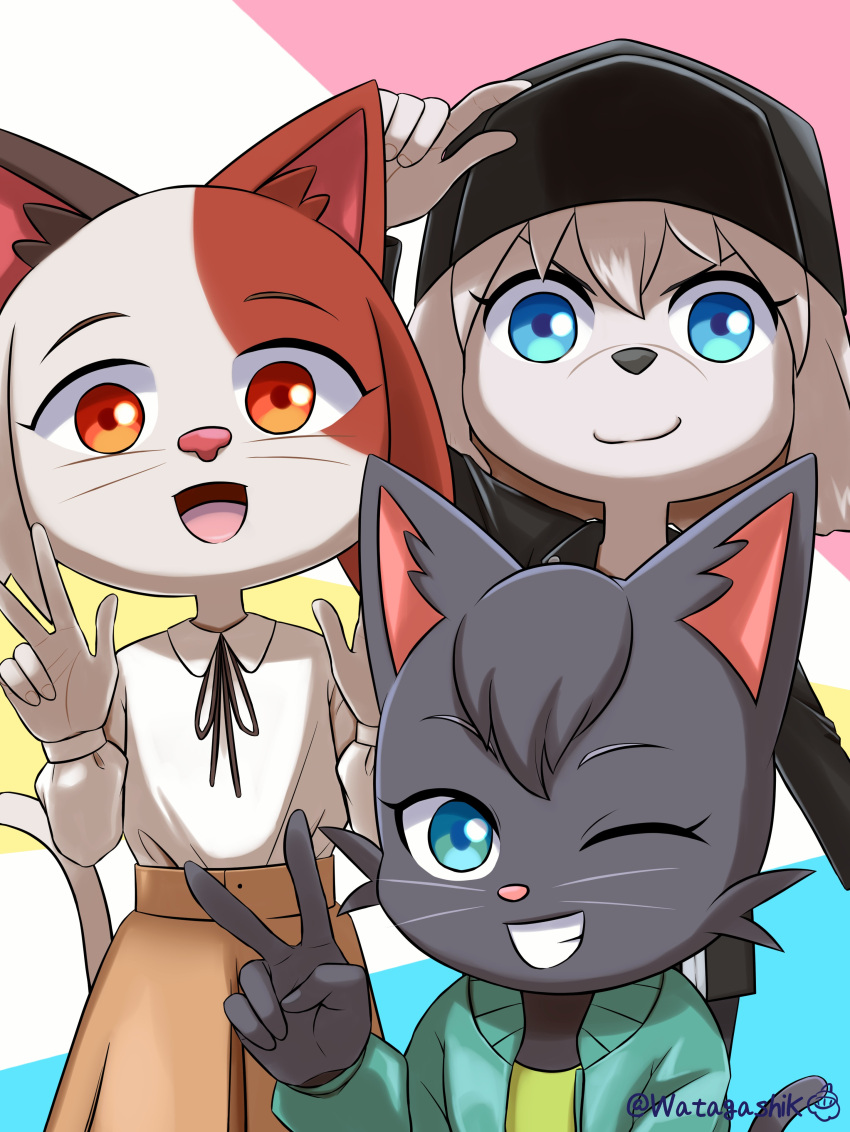 3girls, :d, absurdres, animal_ears, baseball_cap, black_hair, blue_eyes, brown_hair