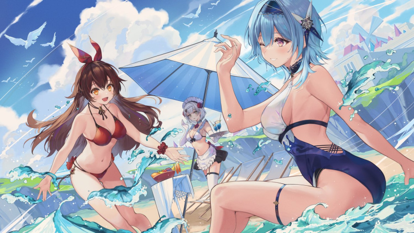 3girls, :d, adapted_costume, alternate_costume, amber_(genshin_impact), apron, armpits, ass