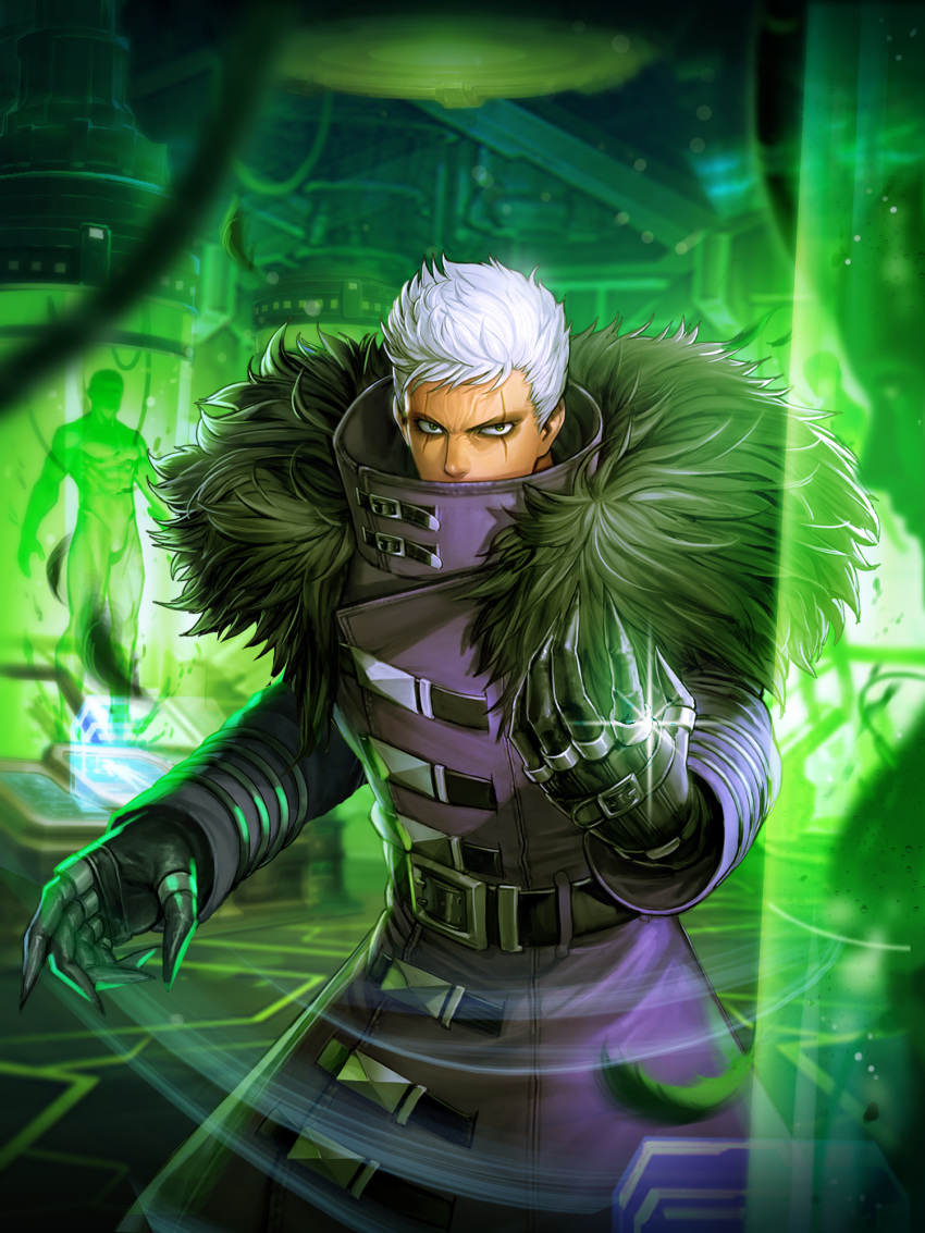 1boy, clone, collared_coat, dark-skinned_male, dark_skin, encasement, fighting_game, fur_collar