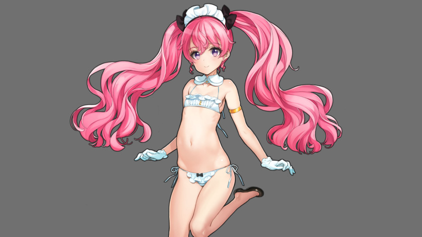 bikini, collar, ector_(eiyuu_senki), eiyuu_senki, eiyuu_senki_ww, gloves, headband, highres, navel, official_art, oyari_ashito, pink_eyes, pink_hair, shoes, side-tie_bikini, swimsuit, twintails, white_bikini, white_gloves