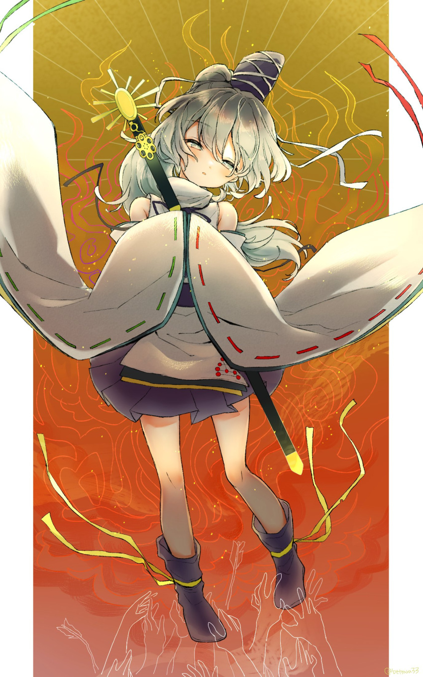 1girl, arrow_(projectile), bangs, bare_shoulders, black_footwear, blue_skirt, border, detached_sleeves