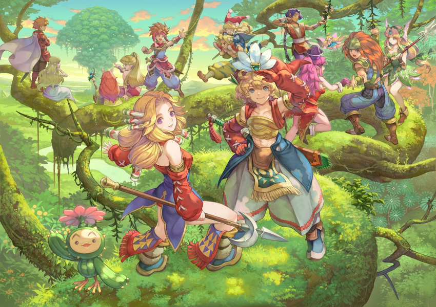 1other, 6+boys, 6+girls, angela_(seiken_densetsu_3), blonde_hair, blue_sky, branch, brown_hair