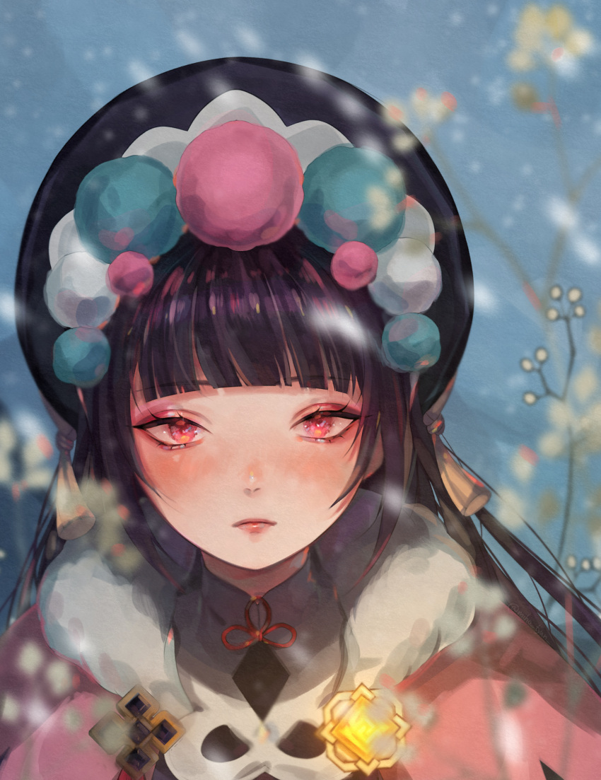 1girl, black_hair, blush, flower, fur_trim, gem, genshin_impact, hat