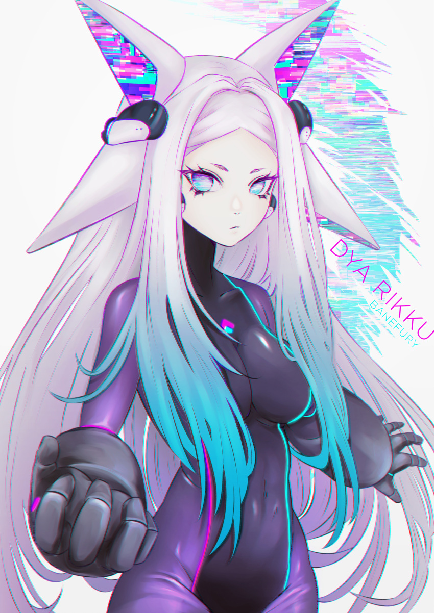 1girl, absurdres, animal_ears, banefury, black_gloves, blue_eyes, blue_hair, bodysuit, character_name, covered_navel, dyarikku_(vtuber), fox_ears, fox_girl, gloves, gradient_hair, highres, indie_virtual_youtuber, looking_at_viewer, mechanical_ears, multicolored, multicolored_eyes, multicolored_hair, no_pupils, pink_hair, purple_bodysuit, silver_hair, solo, violet_eyes, virtual_youtuber