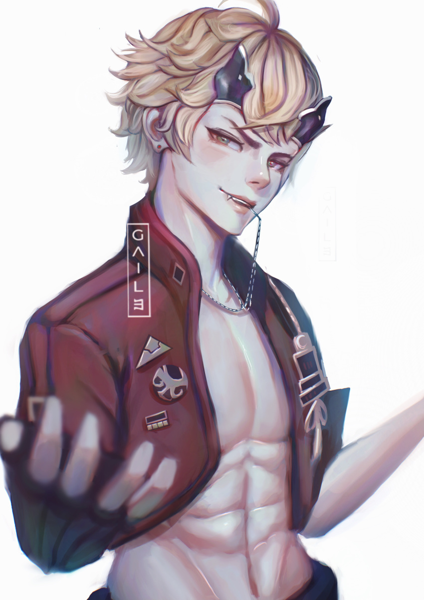 1boy, abs, absurdres, ahoge, art_by_gaile, artist_name, blush, fingerless_gloves, genshin_impact, gloves, green_eyes, headband, highres, jewelry, navel, necklace, open_clothes, orange_hair, solo, teeth, tohama_(genshin_impact), white_background