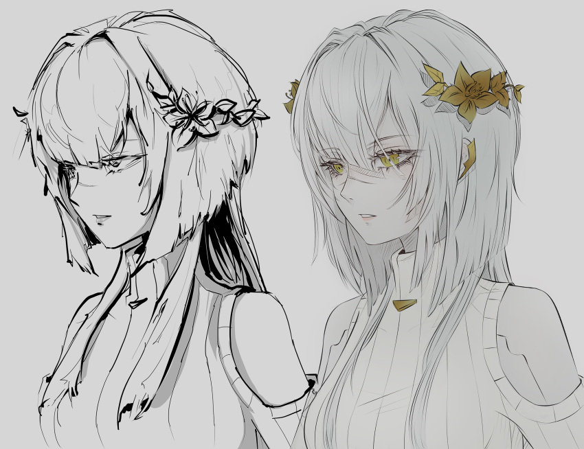 1girl, android, artist_progress, banefury, bangs, clothing_cutout, english_commentary, eyebrows_visible_through_hair, flower, grey_background, hair_flower, hair_ornament, highres, indie_virtual_youtuber, looking_ahead, metal_skin, parted_lips, scar, scar_on_face, science_fiction, shoulder_cutout, silver_hair, sketch, sweater, the_cecile_(vtuber), turtleneck, turtleneck_sweater, upper_body, virtual_youtuber, yellow_eyes