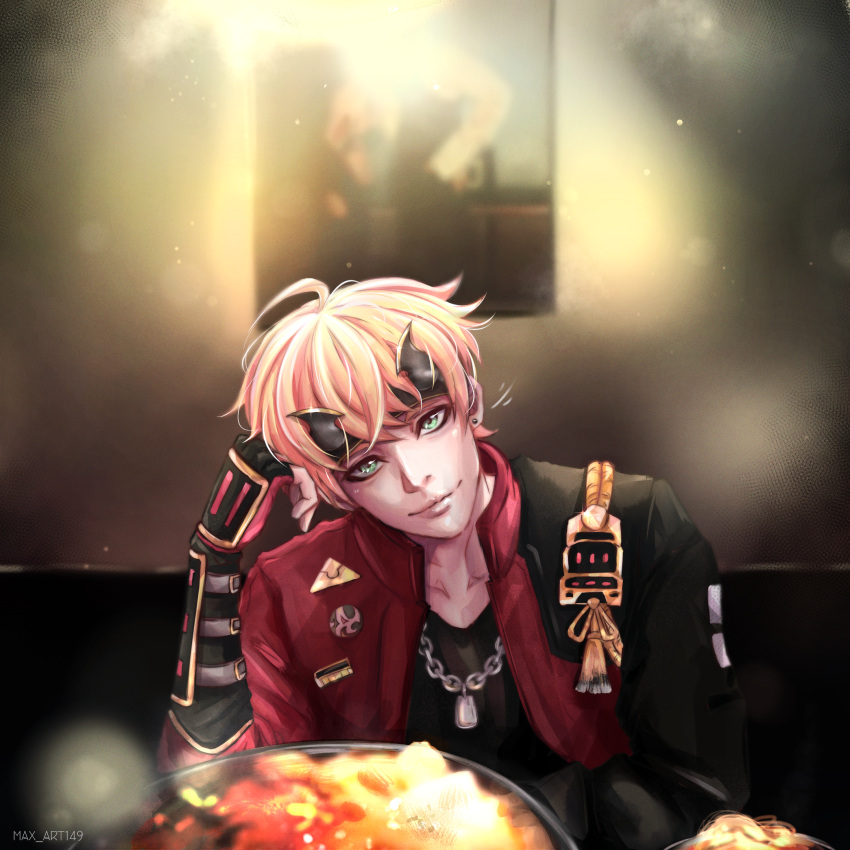 1boy, ahoge, artist_name, earrings, food, genshin_impact, gloves, green_eyes, headband, highres, japanese_clothes, jewelry, max_art149, necklace, orange_hair, sitting, solo, sparkle, tohama_(genshin_impact)