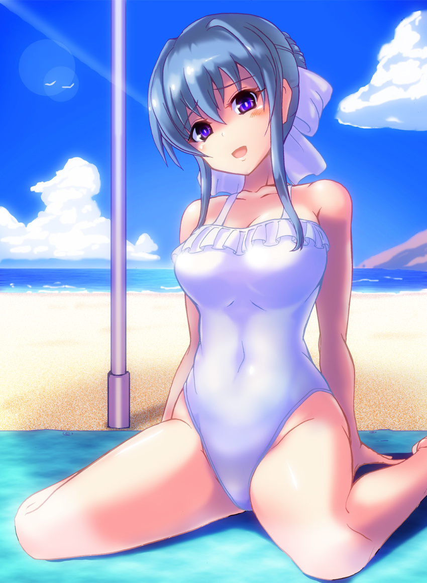 1girl, beach, blue_eyes, blue_sky, breasts, casual_one-piece_swimsuit, clouds, commentary_request