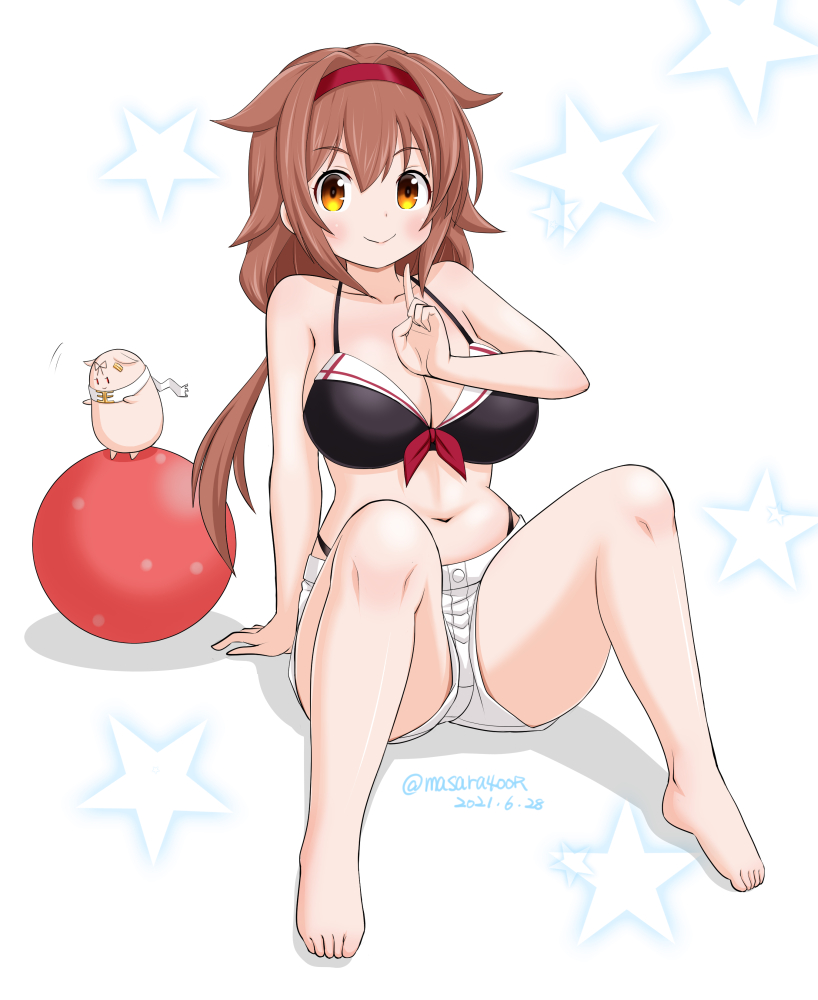 1girl, adapted_costume, ball, barefoot, bikini, black_bikini, breasts, brown_eyes