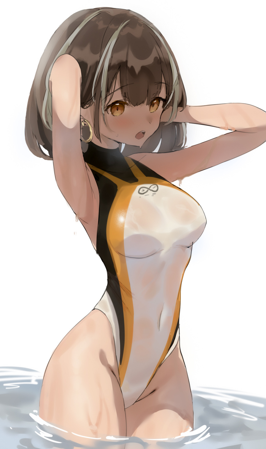 1girl, arknights, brown_hair, clothes_removed, commentary_request, competition_swimsuit, cowboy_shot, highleg