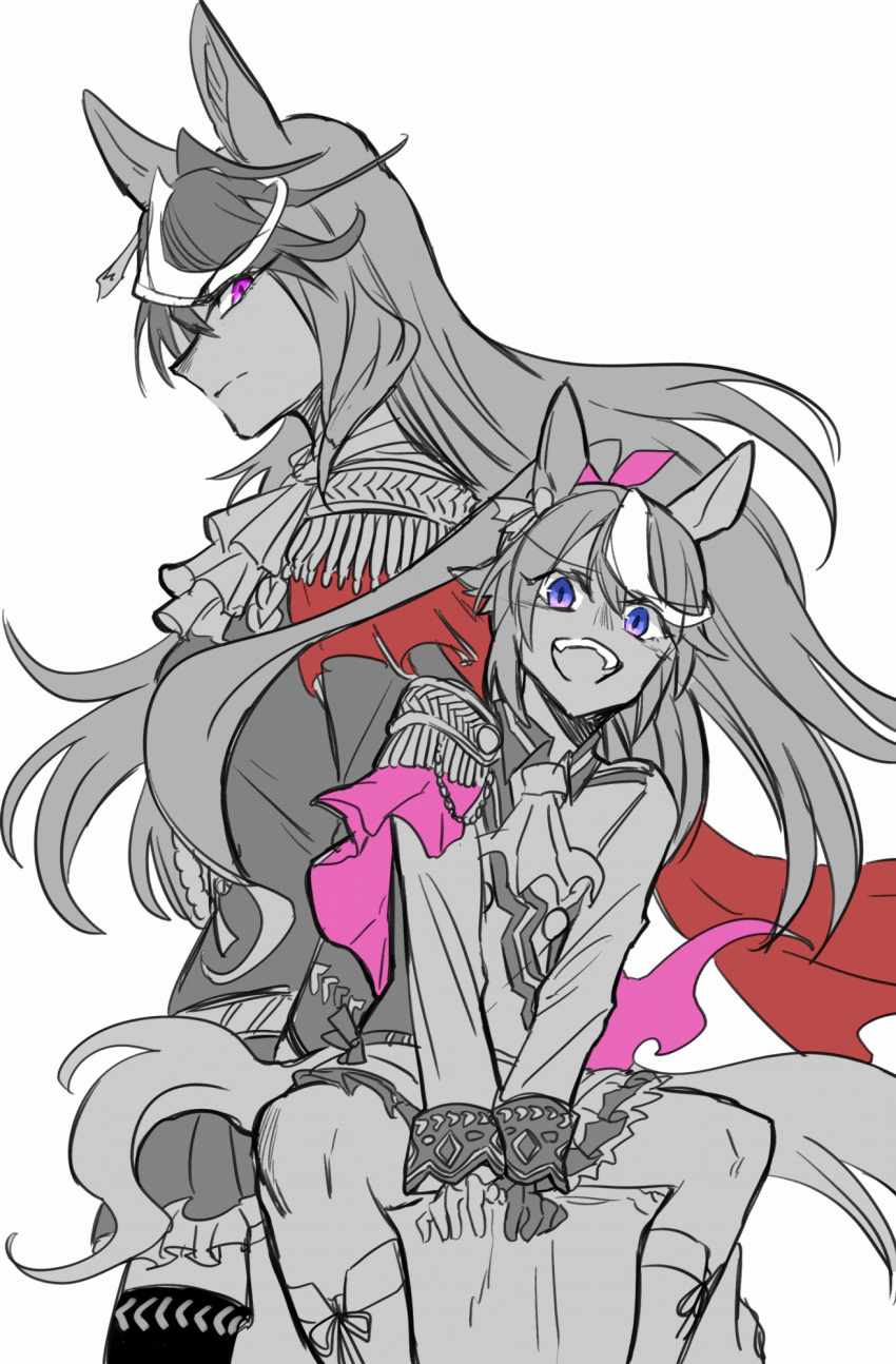 2girls, animal_ears, cape, cravat, ear_ribbon, epaulettes, frogging, gold_trim