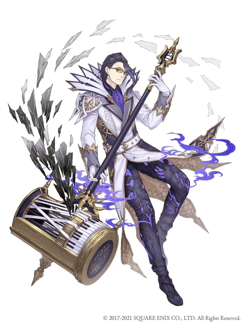 1boy, formal, full_body, glasses, gloves, gradient_hair, hair_slicked_back, hameln_(sinoalice)