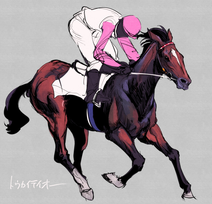 1boy, 1other, bridle, faceless, faceless_male, grey_background, hat, highres