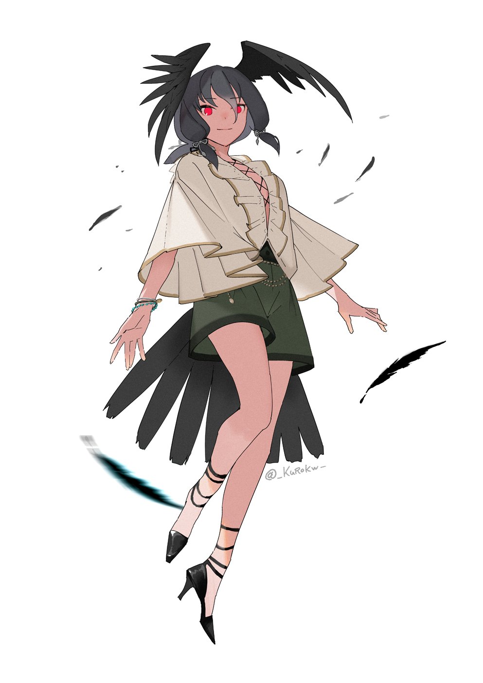 1girl, bird_girl, bird_tail, bird_wings, black_footwear, black_hair, blouse, bow, bracelet, casual, center_frills, center_opening, flying, frills, green_shorts, grey_hair, hair_bow, hair_tie, hair_tubes, head_wings, high_heels, highres, jewelry, kemono_friends, kemono_friends_3, kurokw, long_sleeves, midair, multicolored_hair, official_alternate_costume, red_eyes, short_hair, shorts, solo, white_blouse, wings, yatagarasu_(kemono_friends), yellow_eyes