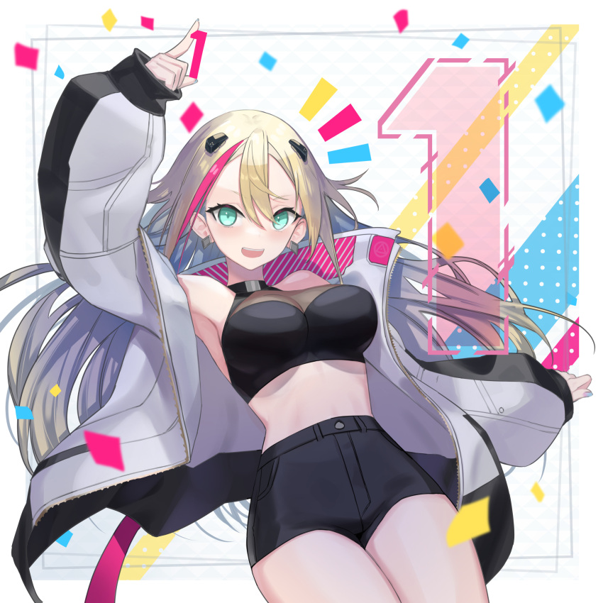 1girl, aqua_eyes, bangs, black_shorts, blonde_hair, breasts, crop_top, english_commentary