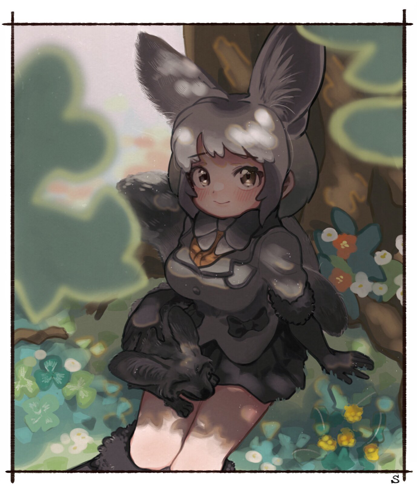 1girl, animal_ears, bat-eared_fox, bat-eared_fox_(kemono_friends), blush, boots, bow, bowtie