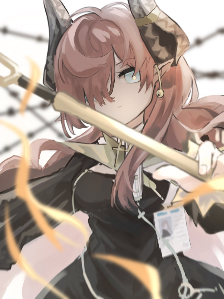 1girl, arknights, black_dress, blue_eyes, blurry, blurry_background, commentary, cross