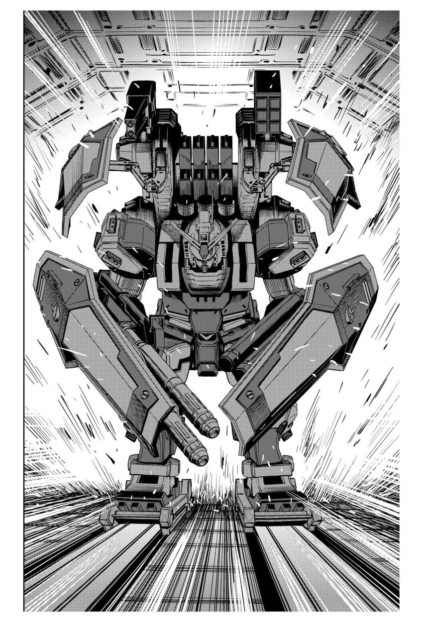 chain_gun, full_armor_gundam, greyscale, gundam, gundam_thunderbolt, highres, leaning_forward, mecha