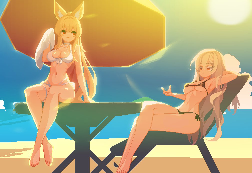 2girls, aduare, animal_ears, beach, beach_chair, beach_umbrella, bikini, black_bikini