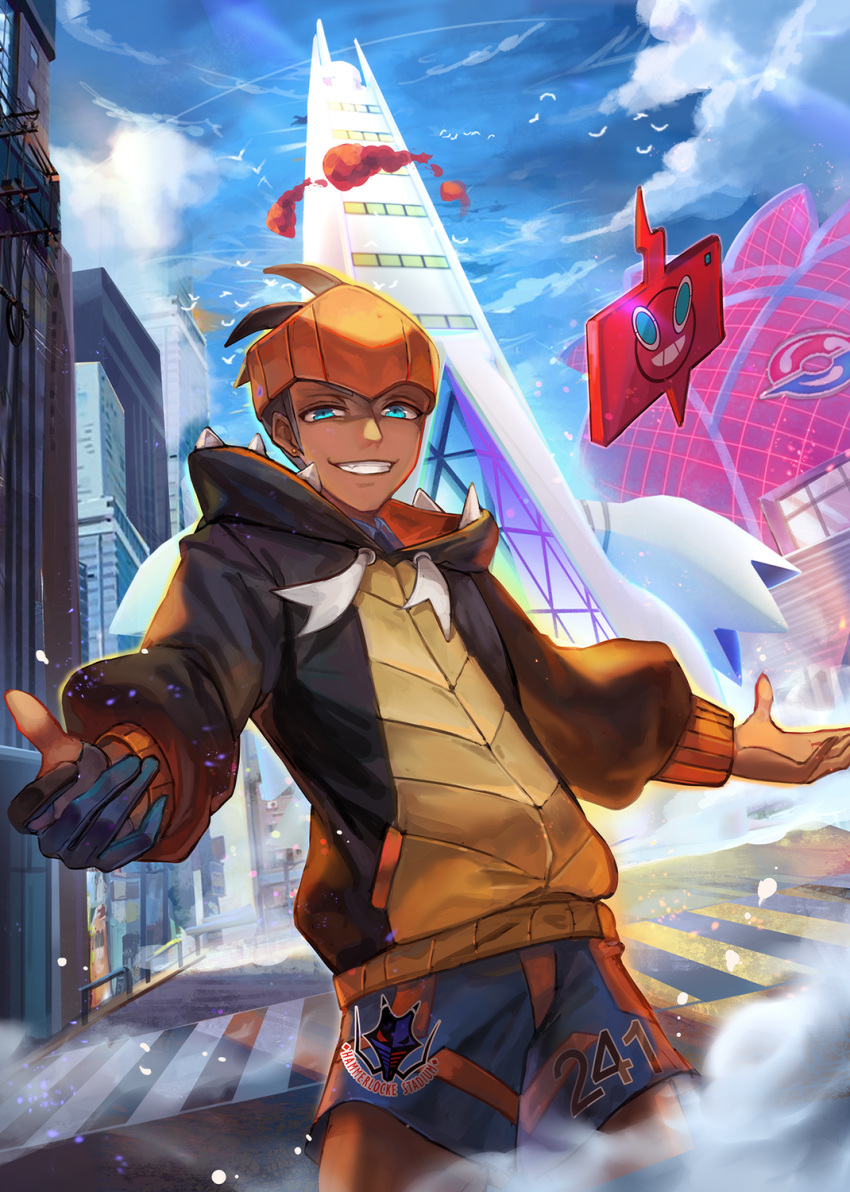 1boy, aurora_rokudo, bird, blue_eyes, blue_shorts, building, clouds, commentary