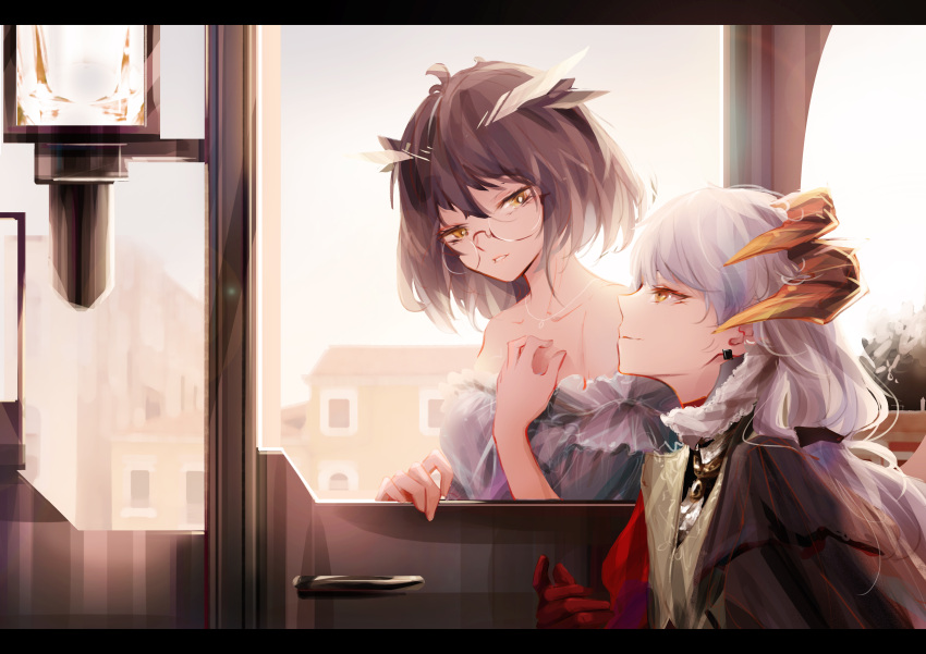 2girls, absurdres, arknights, brown_hair, building, carriage, chinese_commentary, closed_mouth