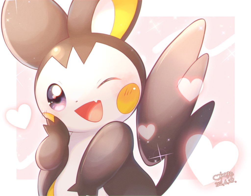 ;d, attract_(pokemon), blush, border, commentary, dated, emolga, fang, gen_5_pokemon, grey_eyes, hand_up, heart, looking_at_viewer, no_humans, okoge_(simokaji), one_eye_closed, open_mouth, outside_border, pokemon, pokemon_(creature), signature, skin_fang, smile, solo, tongue, white_border