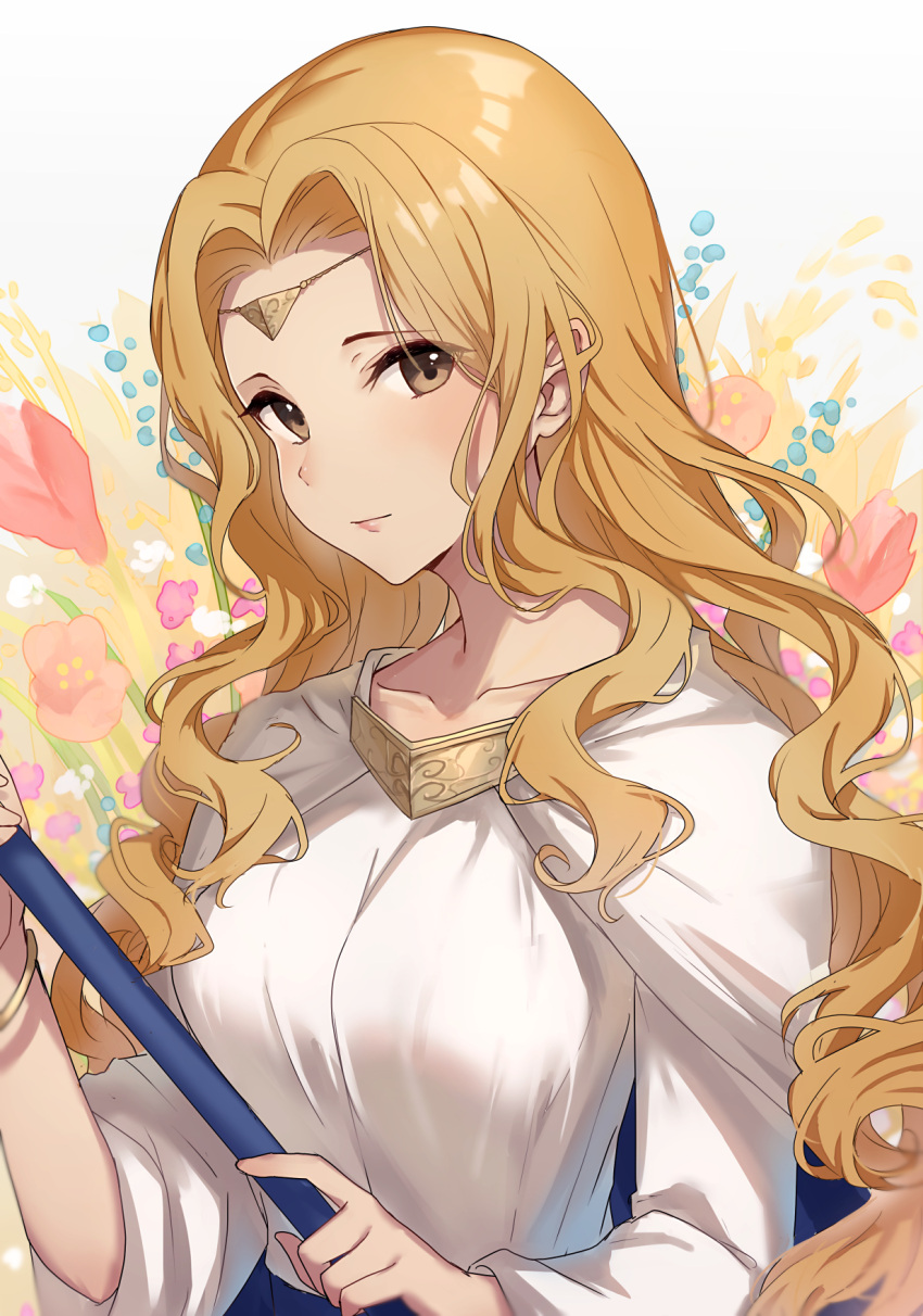 1girl, bangs, blonde_hair, blush, bracelet, brown_eyes, cape, circlet, edain_(fire_emblem), fire_emblem, fire_emblem:_genealogy_of_the_holy_war, haru_(nakajou-28), highres, holding, jewelry, long_hair, long_sleeves, looking_at_viewer, parted_bangs, simple_background, upper_body, wavy_hair