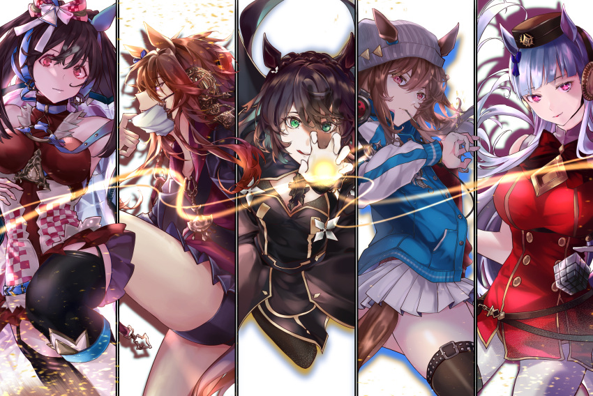 5girls, absurdres, animal_ears, beanie, black_hair, braid, commentary, crown_braid, ear_covers, ears_through_headwear, gold_ship_(umamusume), gold_trim, green_eyes, grejpfrut_cvet, hat, highres, horse_ears, horse_girl, horse_tail, jacket, kin'iro_ryotei_(umamusume), long_hair, mask, messy_hair, mouth_mask, multiple_girls, nakayama_festa_(umamusume), orfevre_(umamusume), original, pantyhose, pillbox_hat, pleated_skirt, red_eyes, shorts, silver_hair, skirt, tail, thigh-highs, track_jacket, umamusume, violet_eyes, white_legwear