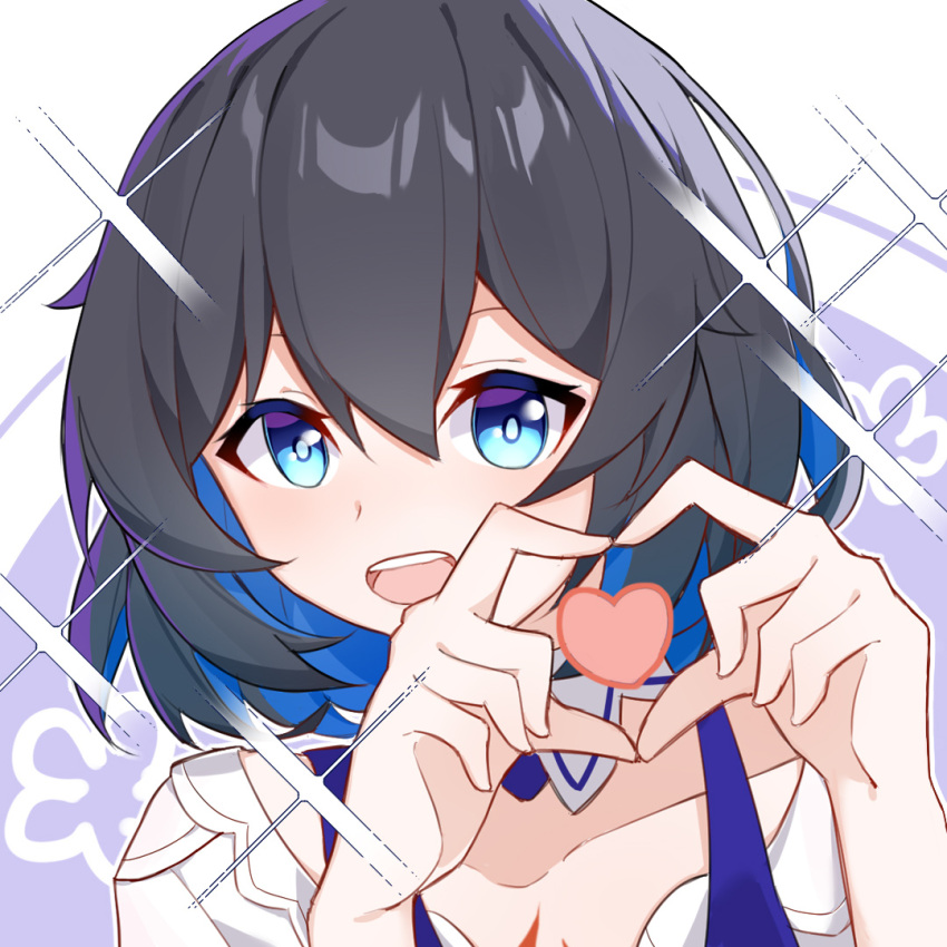 1girl, :d, bangs, blue_eyes, blue_hair, hair_between_eyes, heart, heart_hands